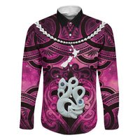 Personalised Maori Matariki Manaia Mawhero Family Matching Tank Maxi Dress and Hawaiian Shirt Maori Kowhaiwhai Pattern Galaxy LT01 Dad's Shirt - Long Sleeve Pink - Polynesian Pride