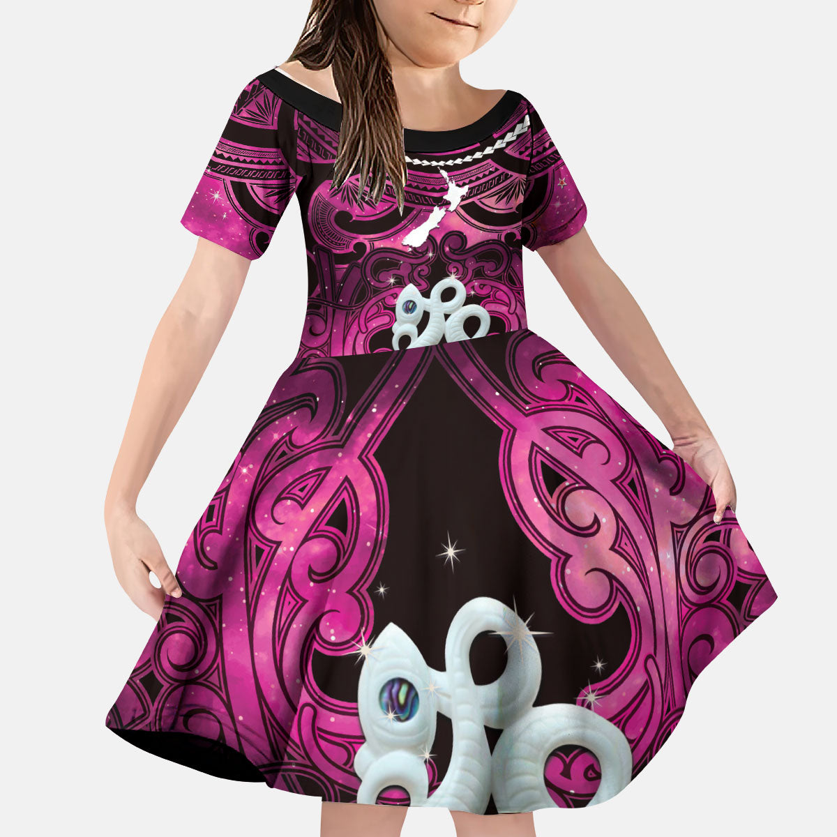 Personalised Maori Matariki Manaia Mawhero Kid Short Sleeve Dress Maori Kowhaiwhai Pattern Galaxy