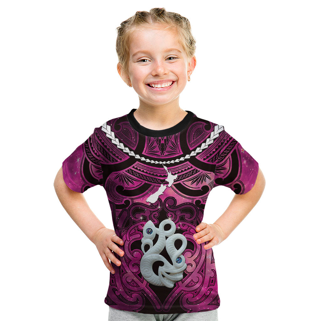 Personalised Maori Matariki Manaia Mawhero Kid T Shirt Maori Kowhaiwhai Pattern Galaxy LT01 Pink - Polynesian Pride
