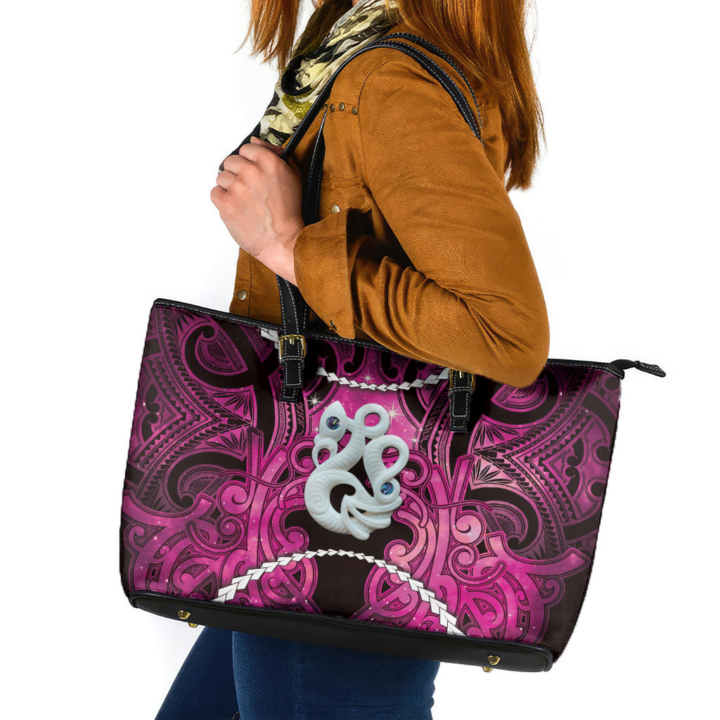 Maori Matariki Manaia Mawhero Leather Tote Bag Maori Kowhaiwhai Pattern Galaxy LT01 Pink - Polynesian Pride