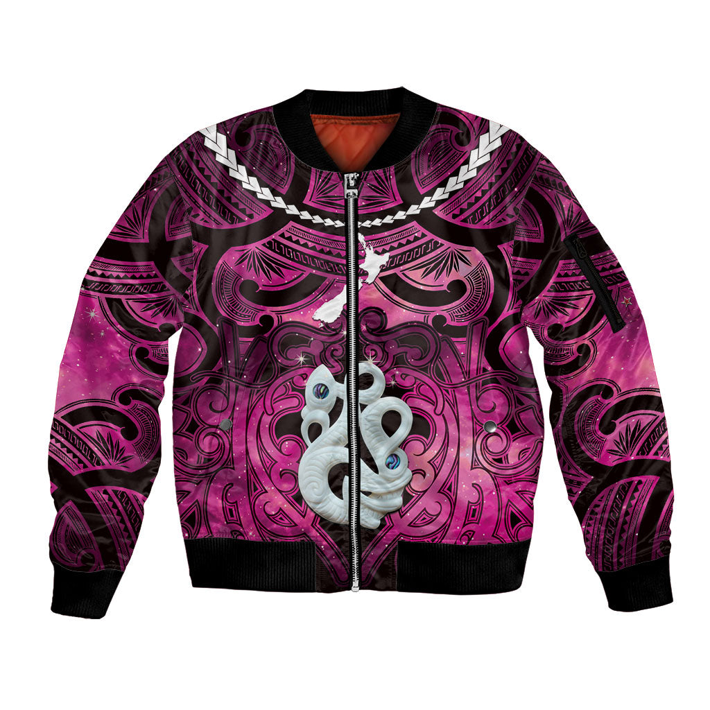 Personalised Maori Matariki Manaia Mawhero Sleeve Zip Bomber Jacket Maori Kowhaiwhai Pattern Galaxy LT01 Unisex Pink - Polynesian Pride