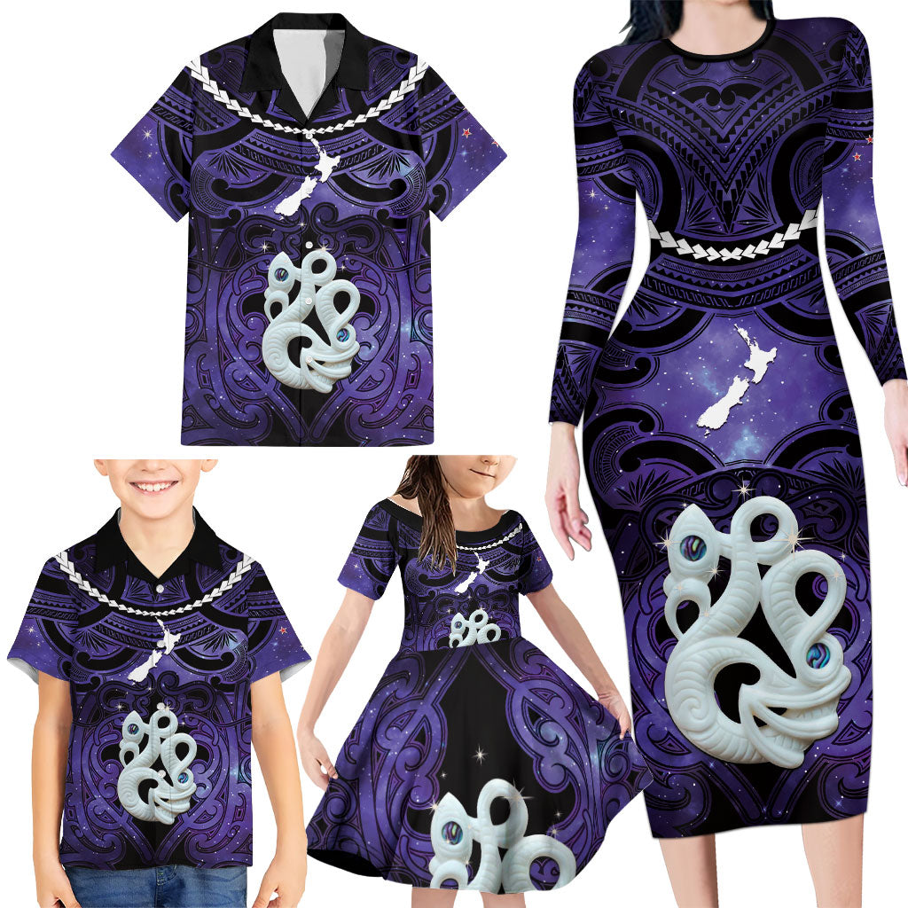 Personalised Maori Matariki Manaia Waiporoporo Family Matching Long Sleeve Bodycon Dress and Hawaiian Shirt Maori Kowhaiwhai Pattern Galaxy