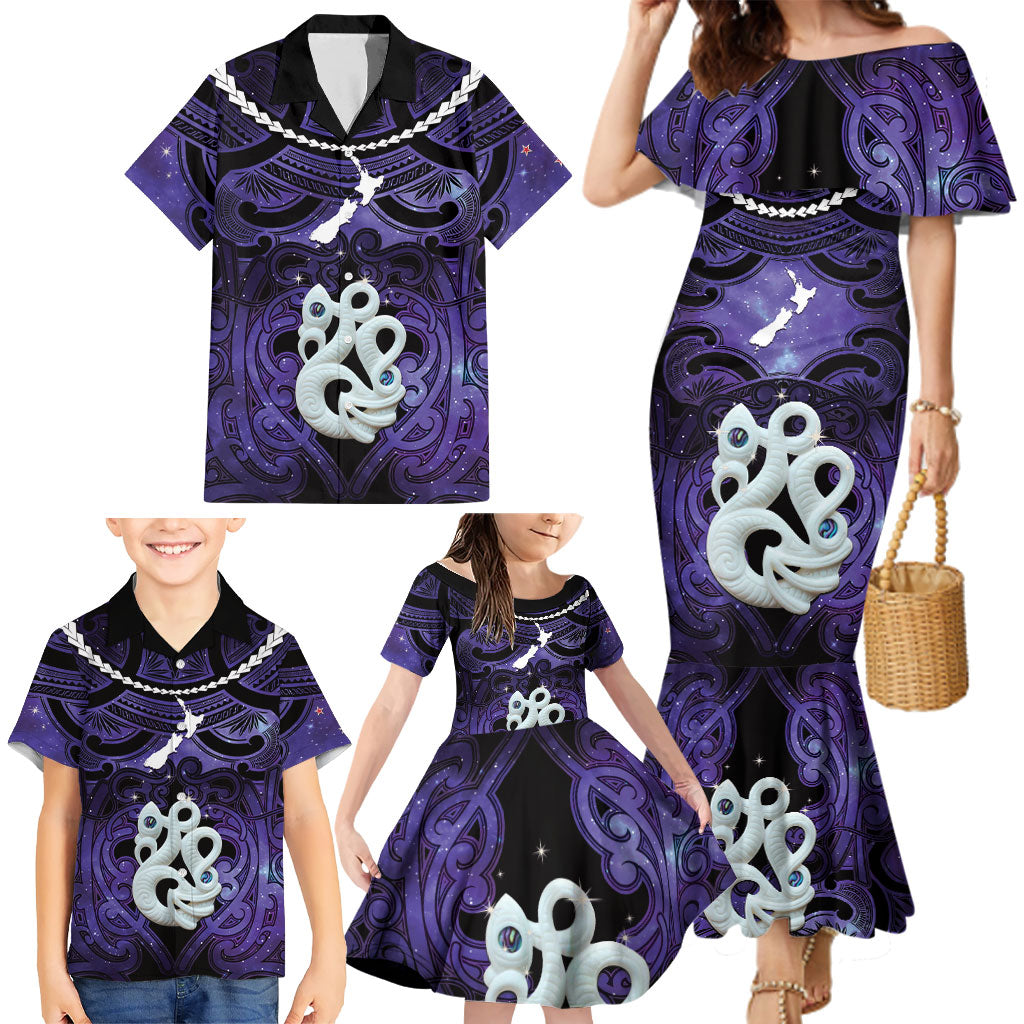 Personalised Maori Matariki Manaia Waiporoporo Family Matching Mermaid Dress and Hawaiian Shirt Maori Kowhaiwhai Pattern Galaxy