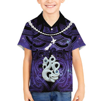 Personalised Maori Matariki Manaia Waiporoporo Family Matching Off Shoulder Maxi Dress and Hawaiian Shirt Maori Kowhaiwhai Pattern Galaxy LT01 Son's Shirt Purple - Polynesian Pride