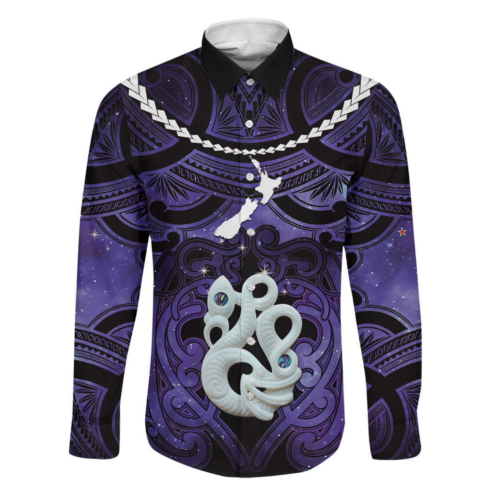 Personalised Maori Matariki Manaia Waiporoporo Family Matching Puletasi and Hawaiian Shirt Maori Kowhaiwhai Pattern Galaxy LT01 Dad's Shirt - Long Sleeve Purple - Polynesian Pride