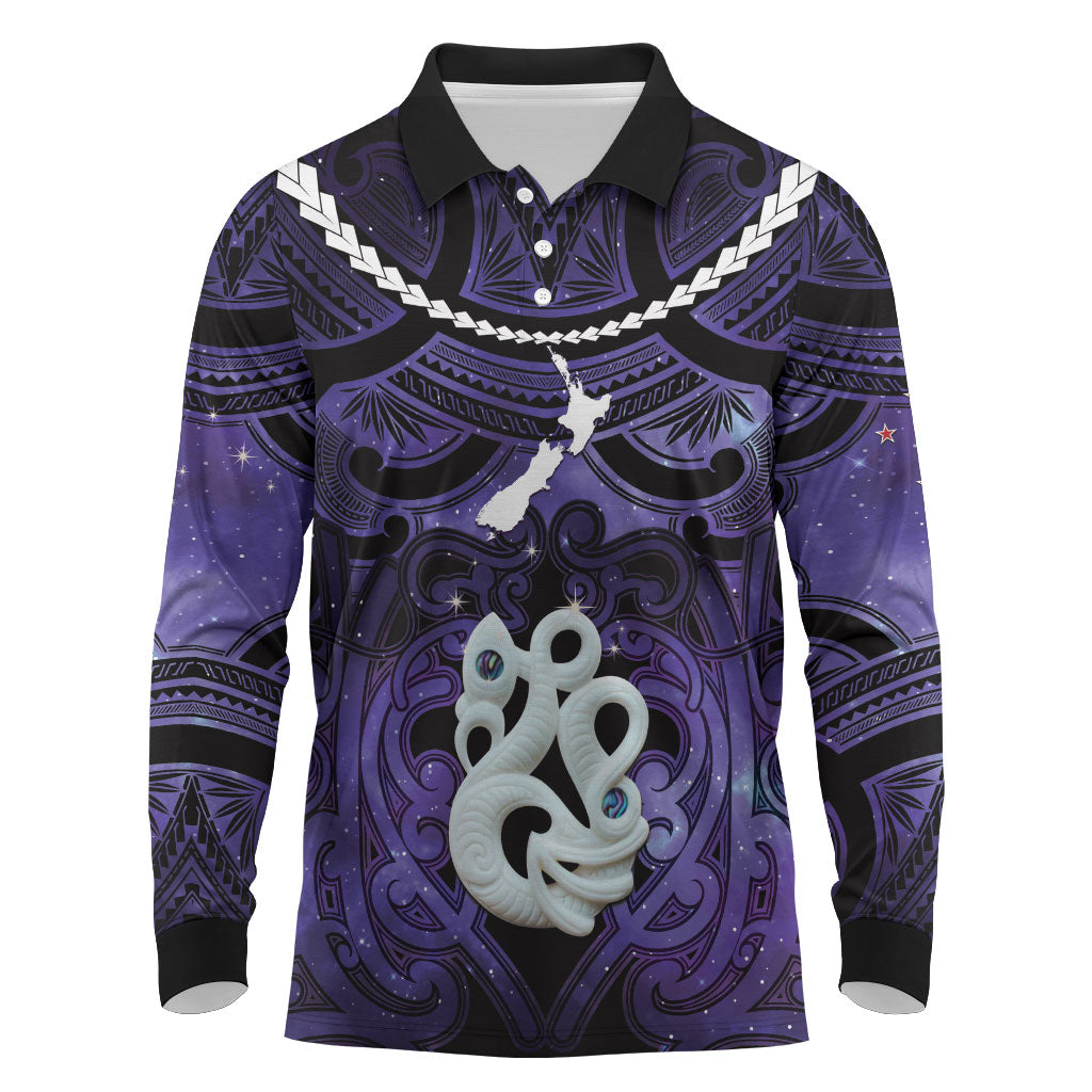 Personalised Maori Matariki Manaia Waiporoporo Long Sleeve Polo Shirt Maori Kowhaiwhai Pattern Galaxy