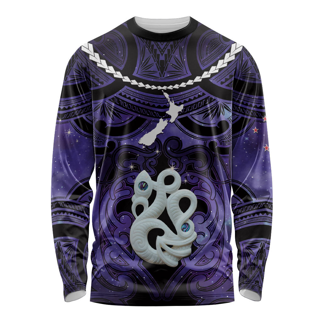 Personalised Maori Matariki Manaia Waiporoporo Long Sleeve Shirt Maori Kowhaiwhai Pattern Galaxy LT01 Unisex Purple - Polynesian Pride