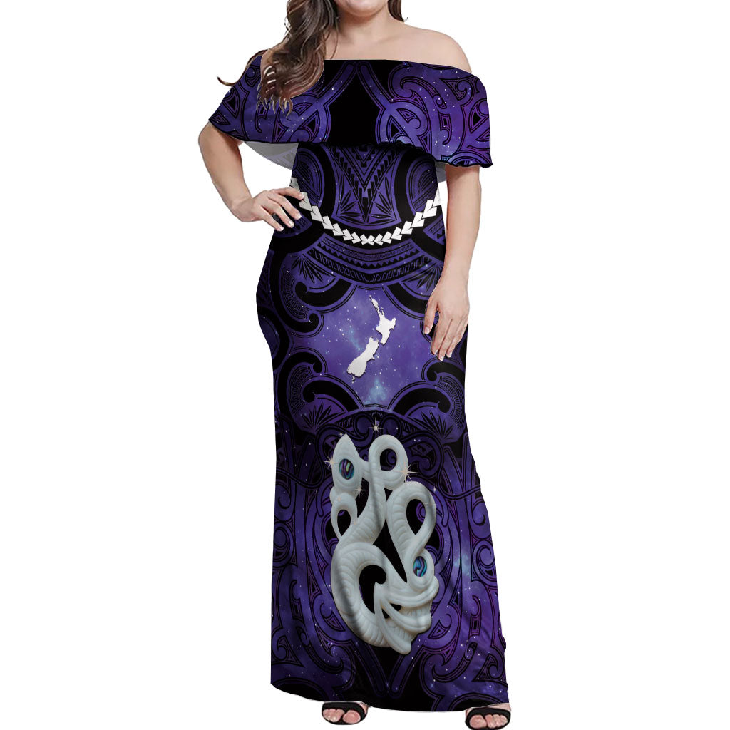 Personalised Maori Matariki Manaia Waiporoporo Off Shoulder Maxi Dress Maori Kowhaiwhai Pattern Galaxy