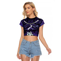 Personalised Maori Matariki Manaia Waiporoporo Raglan Cropped T Shirt Maori Kowhaiwhai Pattern Galaxy LT01 Female Purple - Polynesian Pride
