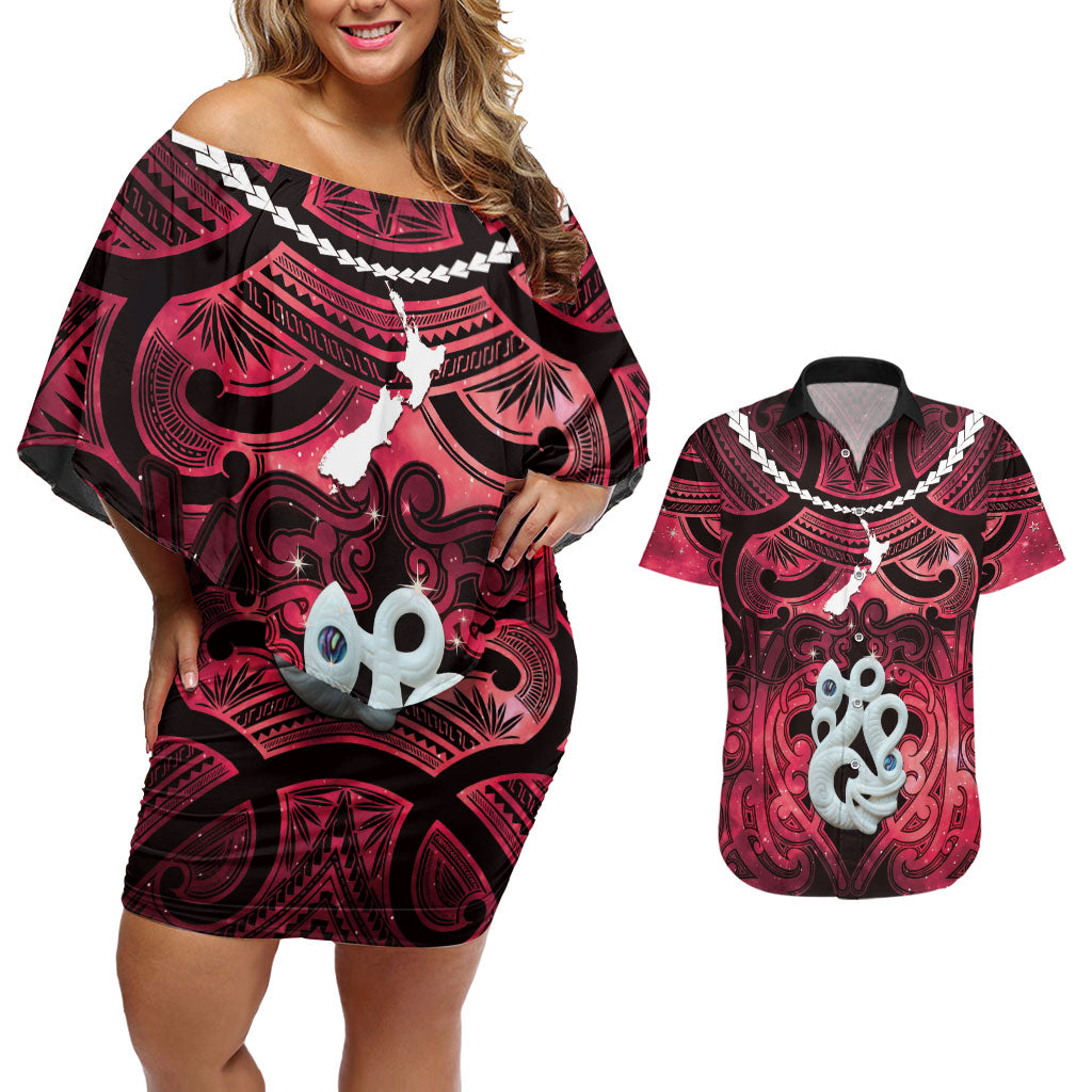 Personalised Maori Matariki Manaia Whero Couples Matching Off Shoulder Short Dress and Hawaiian Shirt Maori Kowhaiwhai Pattern Galaxy LT01 Red - Polynesian Pride