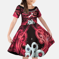Personalised Maori Matariki Manaia Whero Family Matching Long Sleeve Bodycon Dress and Hawaiian Shirt Maori Kowhaiwhai Pattern Galaxy LT01 Daughter's Dress Red - Polynesian Pride