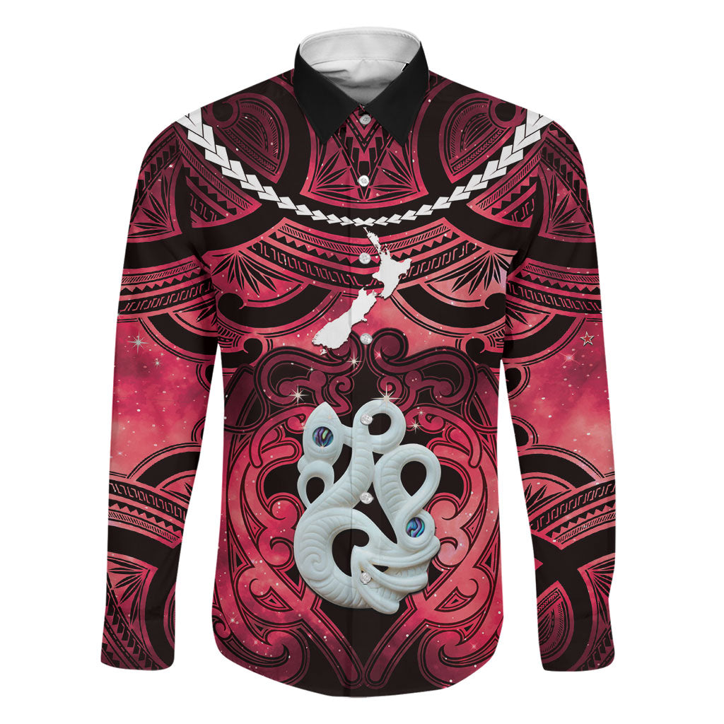 Personalised Maori Matariki Manaia Whero Family Matching Long Sleeve Bodycon Dress and Hawaiian Shirt Maori Kowhaiwhai Pattern Galaxy LT01 Dad's Shirt - Long Sleeve Red - Polynesian Pride
