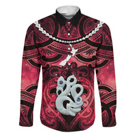 Personalised Maori Matariki Manaia Whero Family Matching Long Sleeve Bodycon Dress and Hawaiian Shirt Maori Kowhaiwhai Pattern Galaxy LT01 Dad's Shirt - Long Sleeve Red - Polynesian Pride