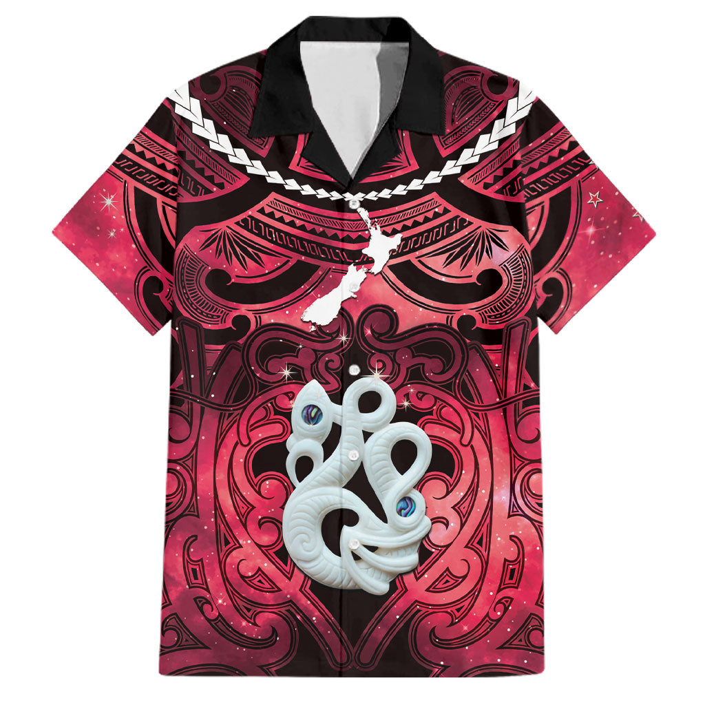 Personalised Maori Matariki Manaia Whero Family Matching Off Shoulder Maxi Dress and Hawaiian Shirt Maori Kowhaiwhai Pattern Galaxy LT01 Dad's Shirt - Short Sleeve Red - Polynesian Pride
