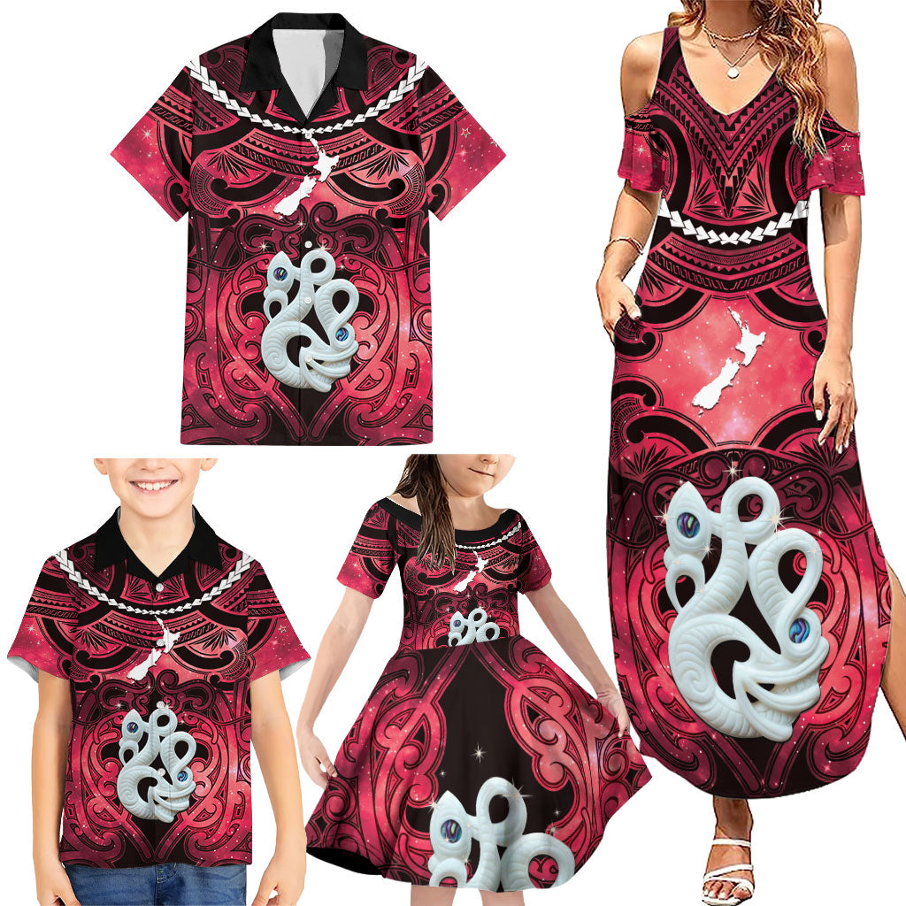 Personalised Maori Matariki Manaia Whero Family Matching Summer Maxi Dress and Hawaiian Shirt Maori Kowhaiwhai Pattern Galaxy