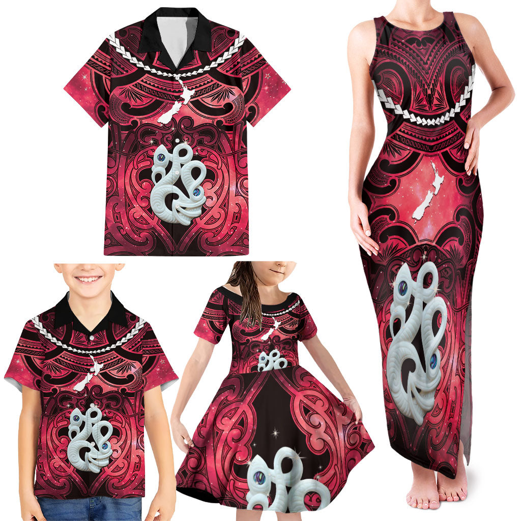 Personalised Maori Matariki Manaia Whero Family Matching Tank Maxi Dress and Hawaiian Shirt Maori Kowhaiwhai Pattern Galaxy