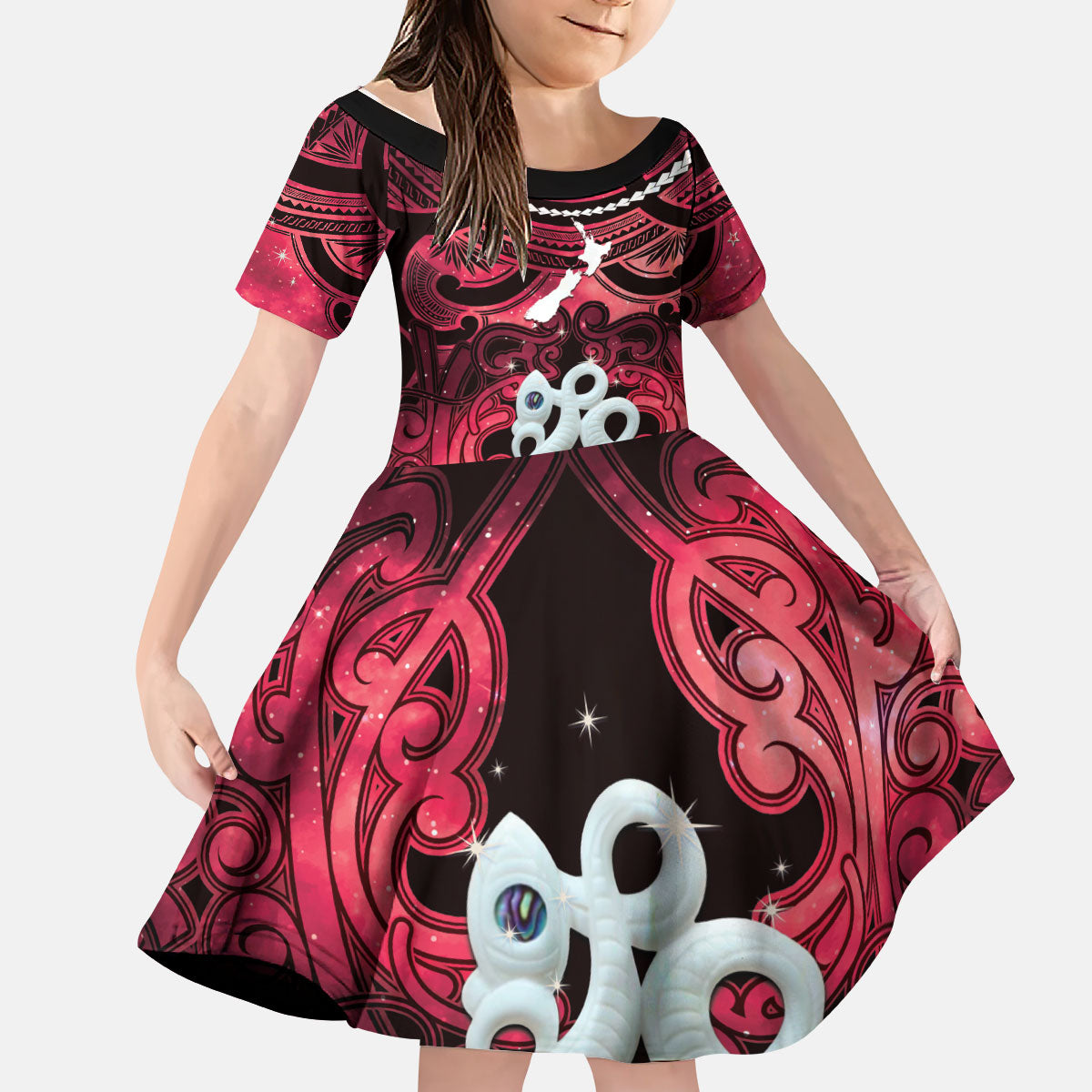 Personalised Maori Matariki Manaia Whero Kid Short Sleeve Dress Maori Kowhaiwhai Pattern Galaxy