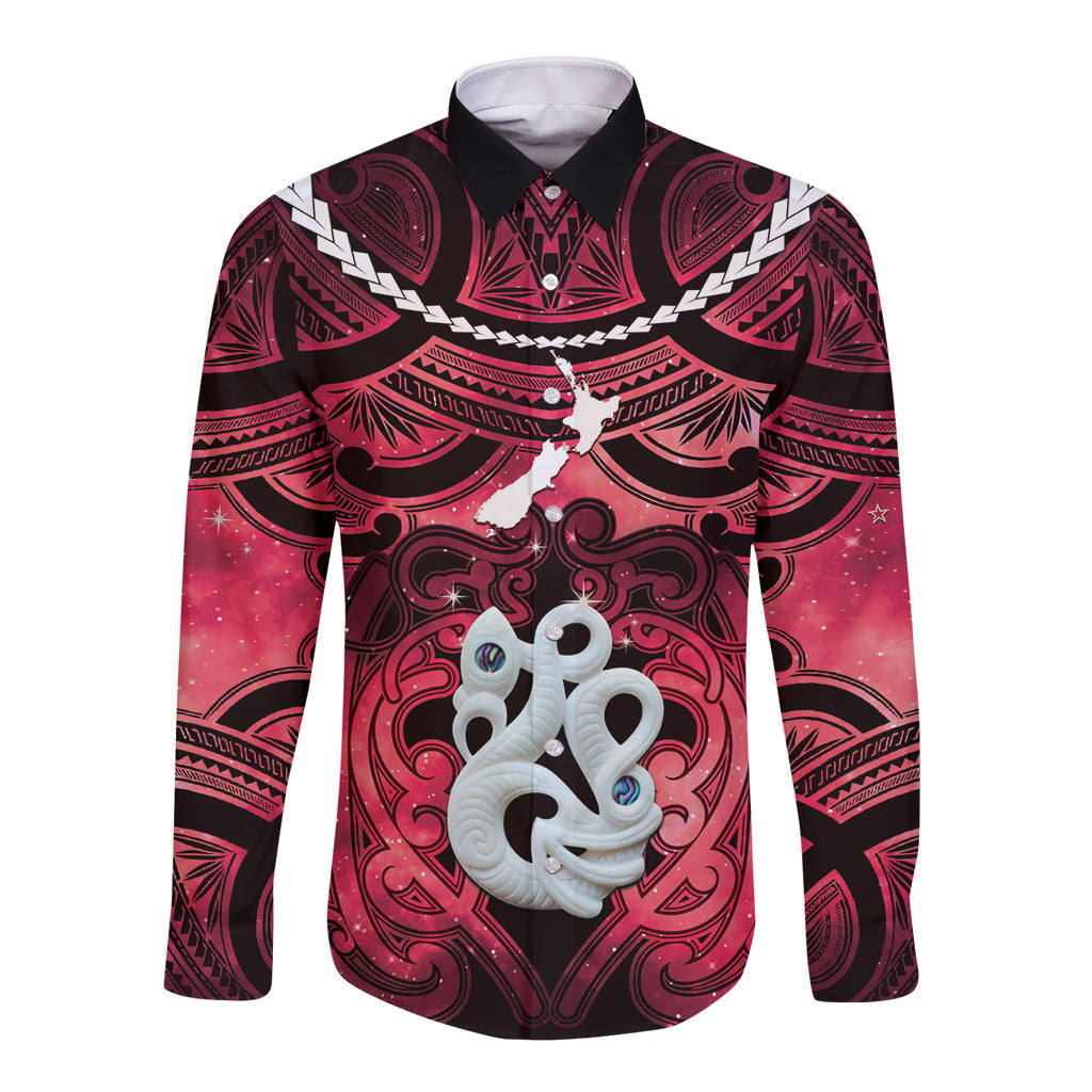 Personalised Maori Matariki Manaia Whero Long Sleeve Button Shirt Maori Kowhaiwhai Pattern Galaxy