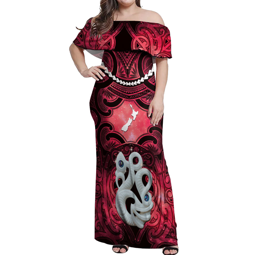 Personalised Maori Matariki Manaia Whero Off Shoulder Maxi Dress Maori Kowhaiwhai Pattern Galaxy