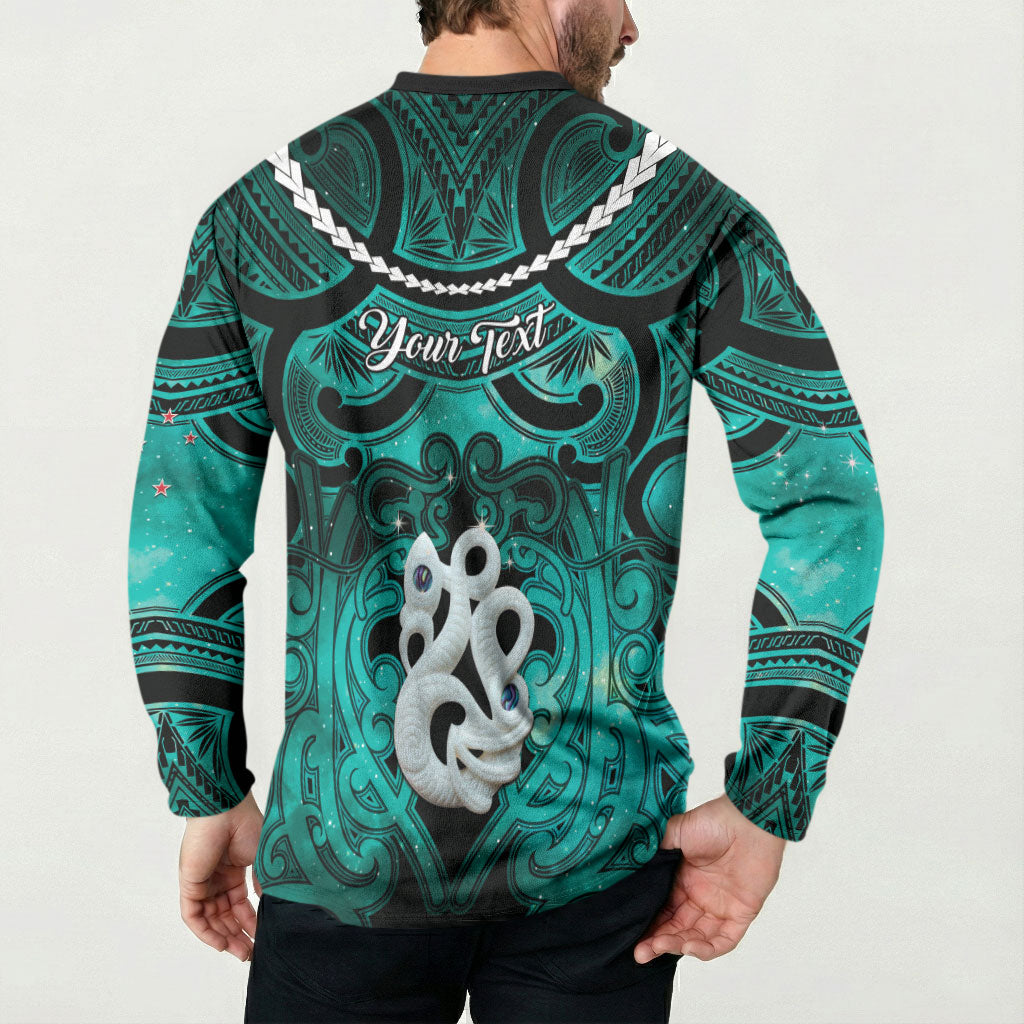 Personalised Maori Matariki Manaia Turquoise Button Sweatshirt Maori Kowhaiwhai Pattern Galaxy LT01 - Polynesian Pride