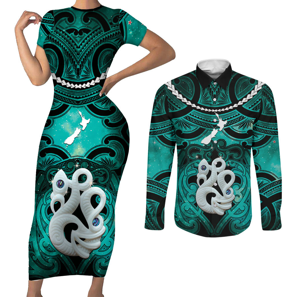 Personalised Maori Matariki Manaia Turquoise Couples Matching Short Sleeve Bodycon Dress and Long Sleeve Button Shirt Maori Kowhaiwhai Pattern Galaxy
