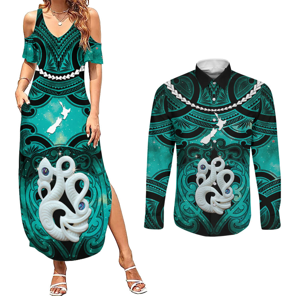 Personalised Maori Matariki Manaia Turquoise Couples Matching Summer Maxi Dress and Long Sleeve Button Shirt Maori Kowhaiwhai Pattern Galaxy