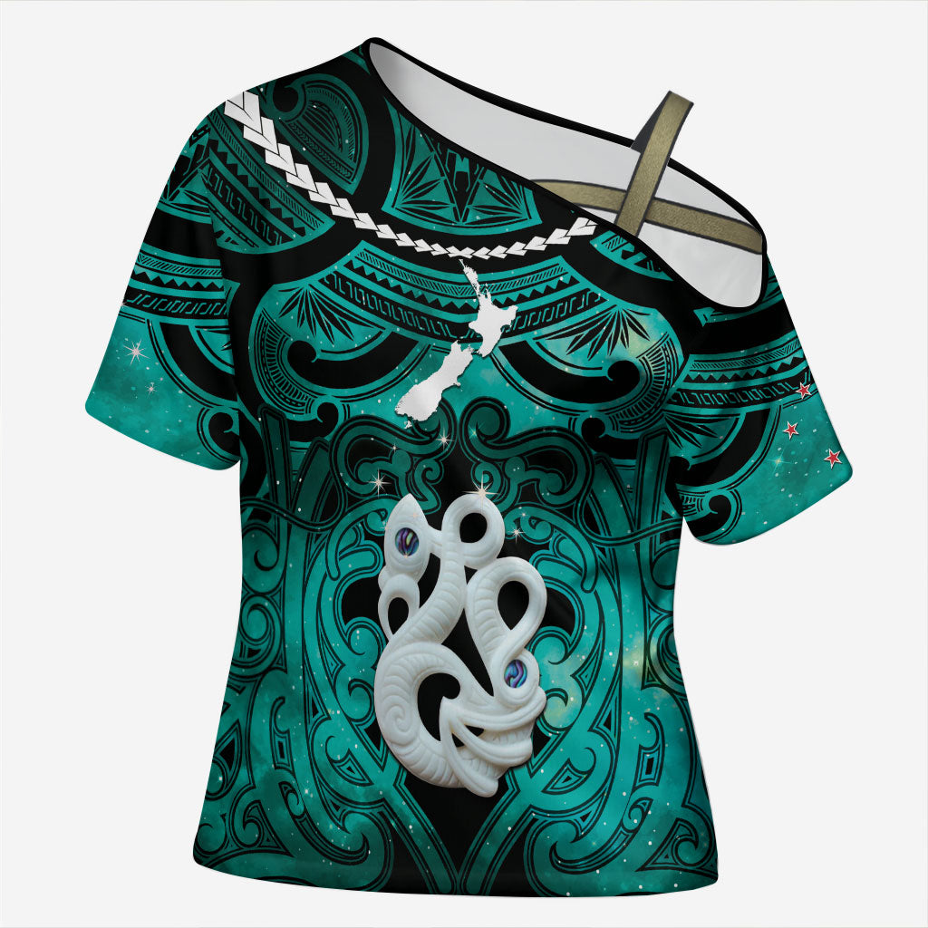 Personalised Maori Matariki Manaia Turquoise Cross Shoulder Shirt Maori Kowhaiwhai Pattern Galaxy LT01 Female Turquoise - Polynesian Pride