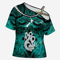 Personalised Maori Matariki Manaia Turquoise Cross Shoulder Shirt Maori Kowhaiwhai Pattern Galaxy LT01 Female Turquoise - Polynesian Pride