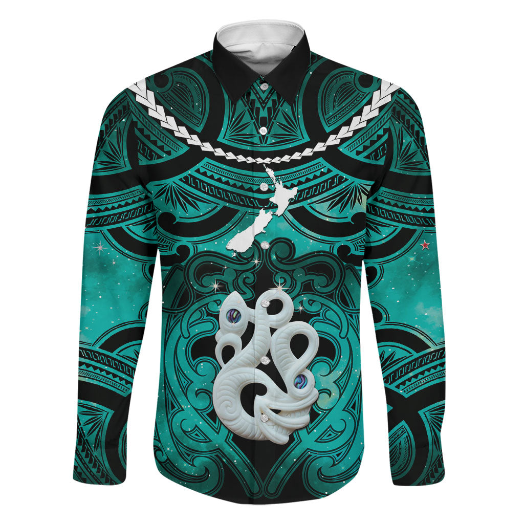 Personalised Maori Matariki Manaia Turquoise Family Matching Off Shoulder Maxi Dress and Hawaiian Shirt Maori Kowhaiwhai Pattern Galaxy LT01 Dad's Shirt - Long Sleeve Turquoise - Polynesian Pride