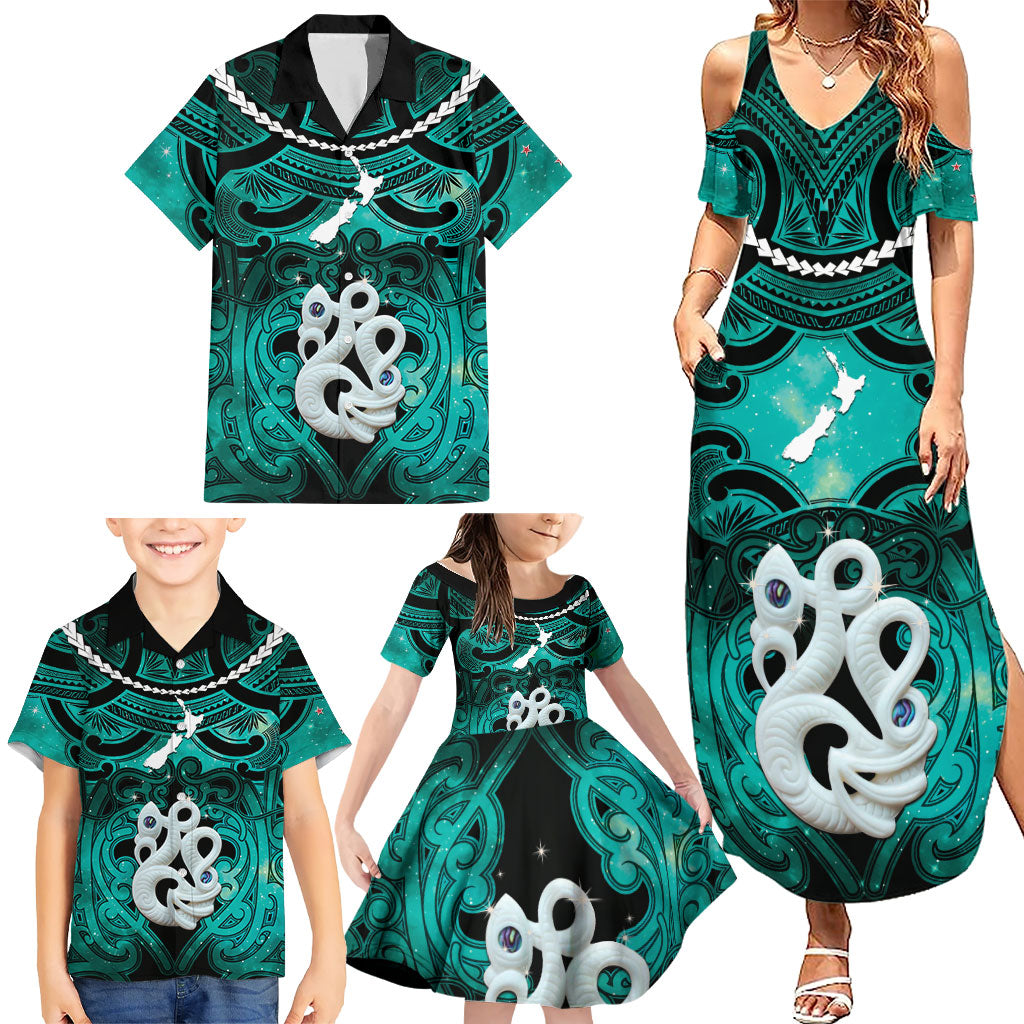 Personalised Maori Matariki Manaia Turquoise Family Matching Summer Maxi Dress and Hawaiian Shirt Maori Kowhaiwhai Pattern Galaxy