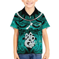 Personalised Maori Matariki Manaia Turquoise Family Matching Tank Maxi Dress and Hawaiian Shirt Maori Kowhaiwhai Pattern Galaxy LT01 Son's Shirt Turquoise - Polynesian Pride