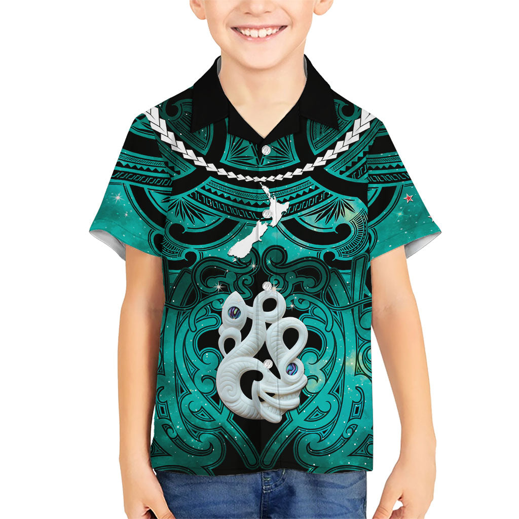 Personalised Maori Matariki Manaia Turquoise Kid Hawaiian Shirt Maori Kowhaiwhai Pattern Galaxy