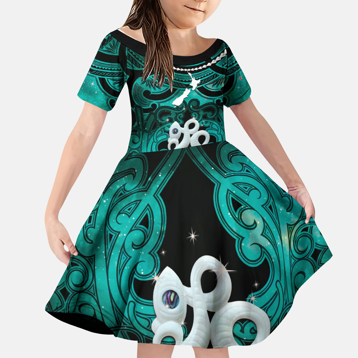 Personalised Maori Matariki Manaia Turquoise Kid Short Sleeve Dress Maori Kowhaiwhai Pattern Galaxy
