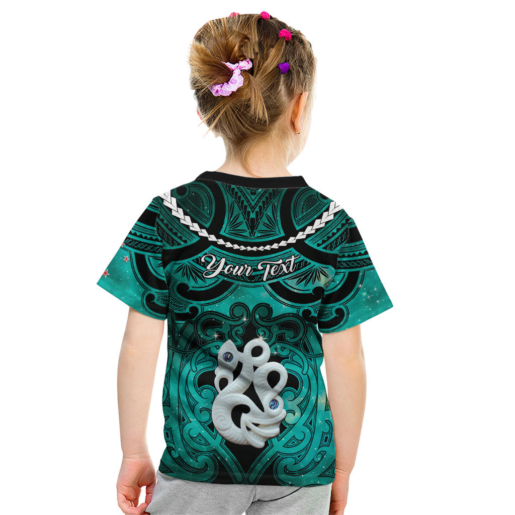 Personalised Maori Matariki Manaia Turquoise Kid T Shirt Maori Kowhaiwhai Pattern Galaxy LT01 - Polynesian Pride
