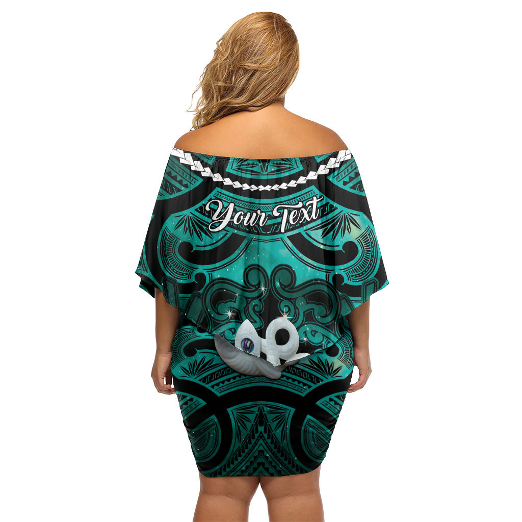Personalised Maori Matariki Manaia Turquoise Off Shoulder Short Dress Maori Kowhaiwhai Pattern Galaxy