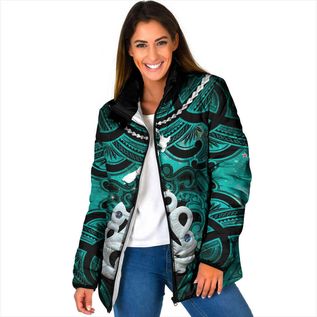 Personalised Maori Matariki Manaia Turquoise Padded Jacket Maori Kowhaiwhai Pattern Galaxy LT01 Women Turquoise - Polynesian Pride