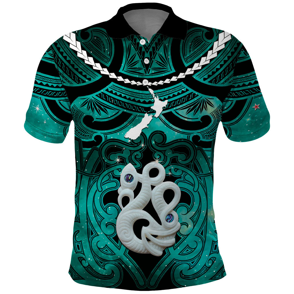 Personalised Maori Matariki Manaia Turquoise Polo Shirt Maori Kowhaiwhai Pattern Galaxy
