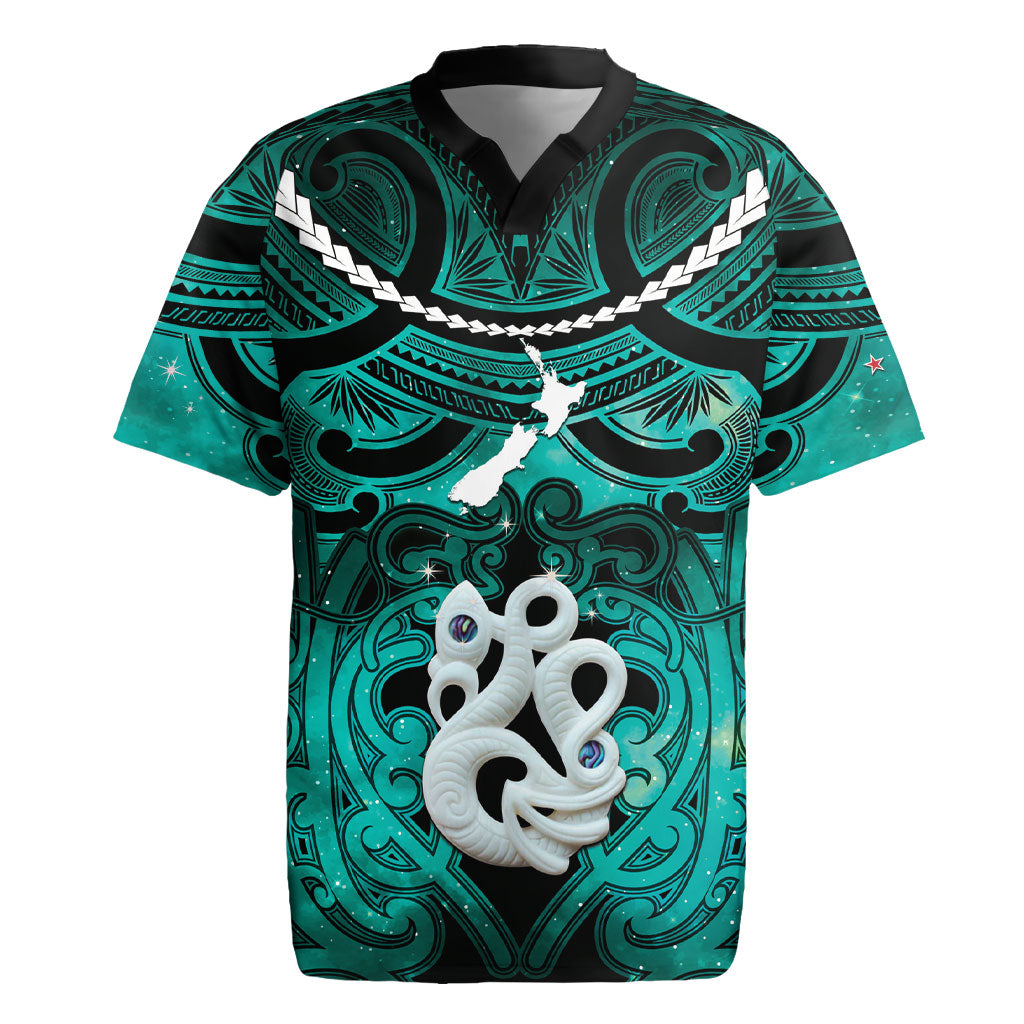 Personalised Maori Matariki Manaia Turquoise Rugby Jersey Maori Kowhaiwhai Pattern Galaxy
