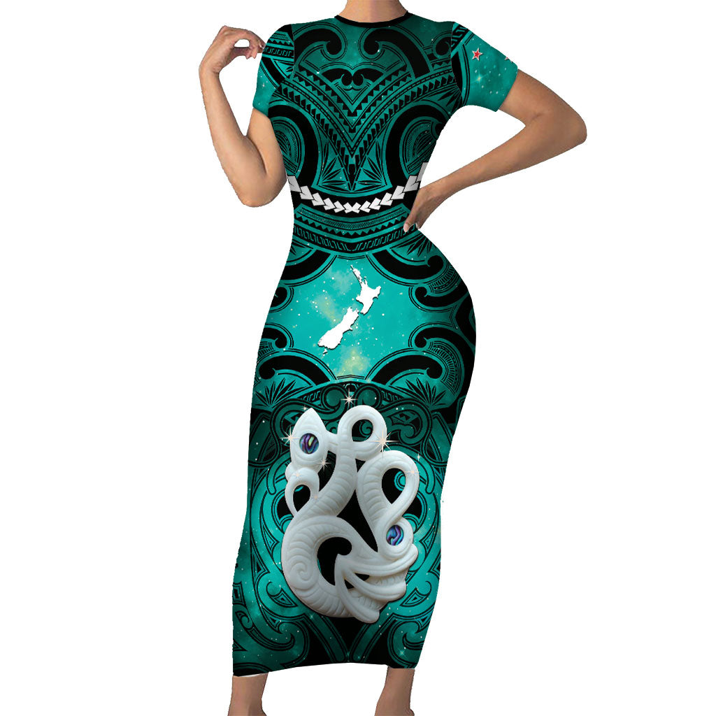 Personalised Maori Matariki Manaia Turquoise Short Sleeve Bodycon Dress Maori Kowhaiwhai Pattern Galaxy