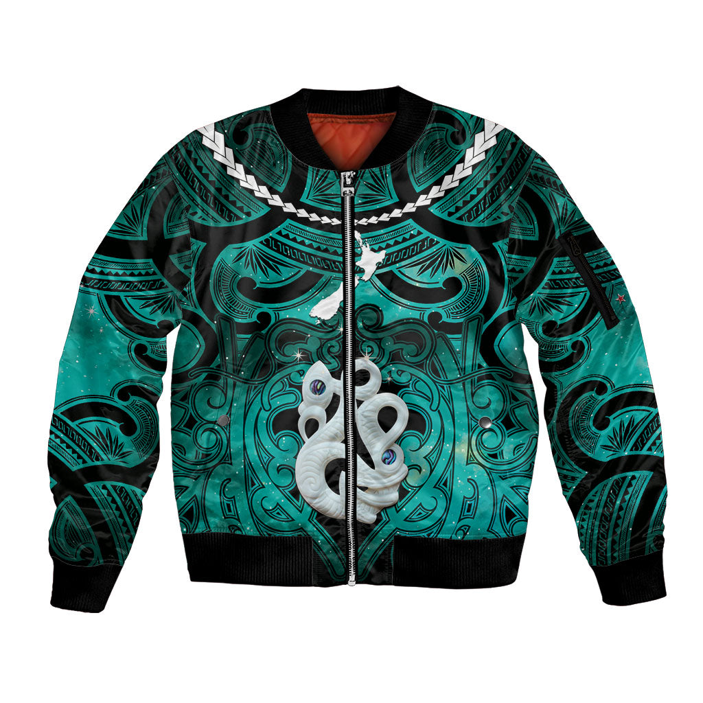 Personalised Maori Matariki Manaia Turquoise Sleeve Zip Bomber Jacket Maori Kowhaiwhai Pattern Galaxy