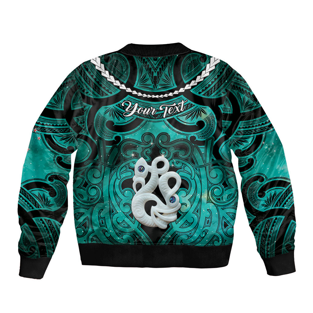 Personalised Maori Matariki Manaia Turquoise Sleeve Zip Bomber Jacket Maori Kowhaiwhai Pattern Galaxy LT01 - Polynesian Pride