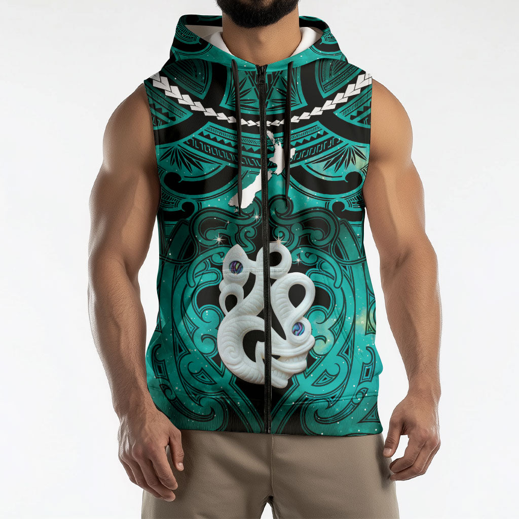Personalised Maori Matariki Manaia Turquoise Sleeveless Zip Hoodie Maori Kowhaiwhai Pattern Galaxy LT01 - Polynesian Pride