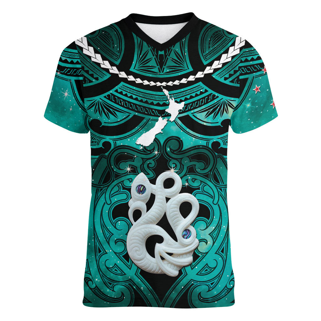 Personalised Maori Matariki Manaia Turquoise Women V-Neck T-Shirt Maori Kowhaiwhai Pattern Galaxy
