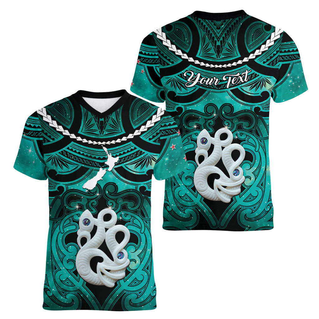 Personalised Maori Matariki Manaia Turquoise Women V-Neck T-Shirt Maori Kowhaiwhai Pattern Galaxy LT01 - Polynesian Pride