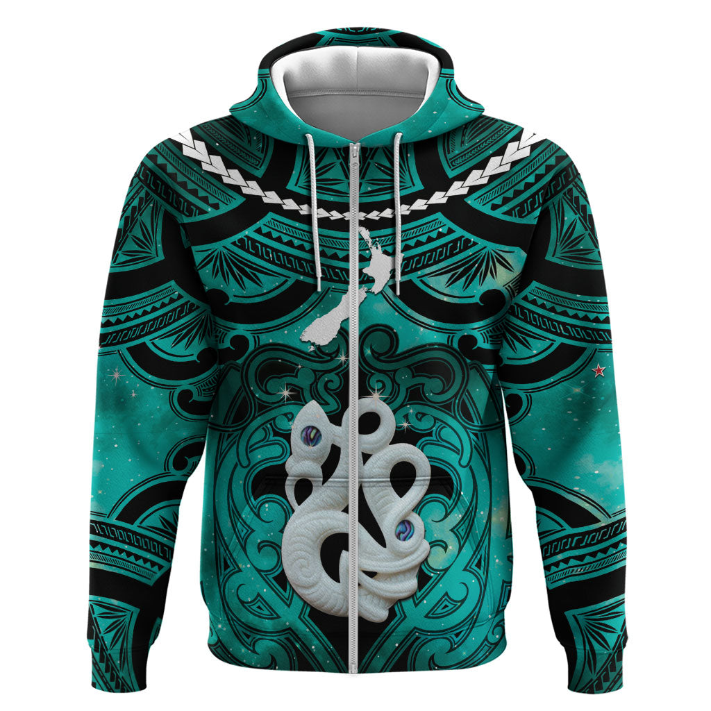 Personalised Maori Matariki Manaia Turquoise Zip Hoodie Maori Kowhaiwhai Pattern Galaxy