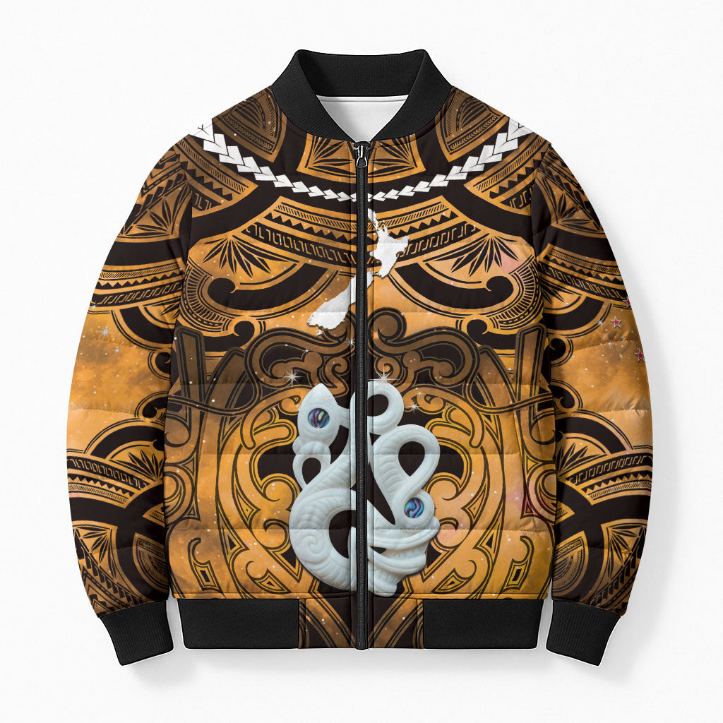 Personalised Maori Matariki Manaia Kowhai Bomber Puffer Jacket Maori Kowhaiwhai Pattern Galaxy