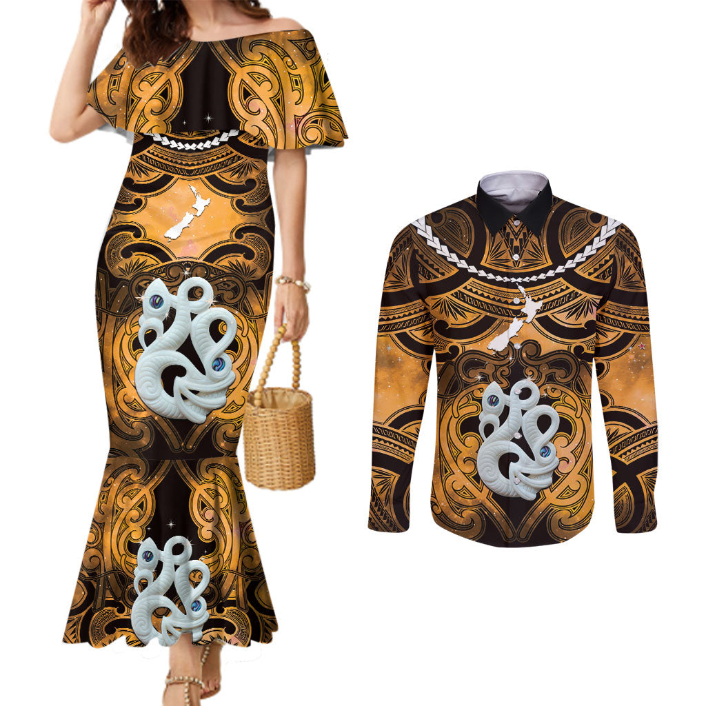 Personalised Maori Matariki Manaia Kowhai Couples Matching Mermaid Dress and Long Sleeve Button Shirt Maori Kowhaiwhai Pattern Galaxy