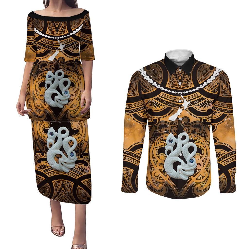 Personalised Maori Matariki Manaia Kowhai Couples Matching Puletasi and Long Sleeve Button Shirt Maori Kowhaiwhai Pattern Galaxy