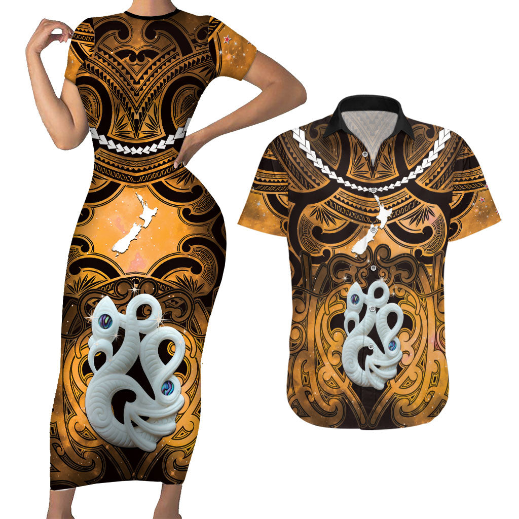 Personalised Maori Matariki Manaia Kowhai Couples Matching Short Sleeve Bodycon Dress and Hawaiian Shirt Maori Kowhaiwhai Pattern Galaxy