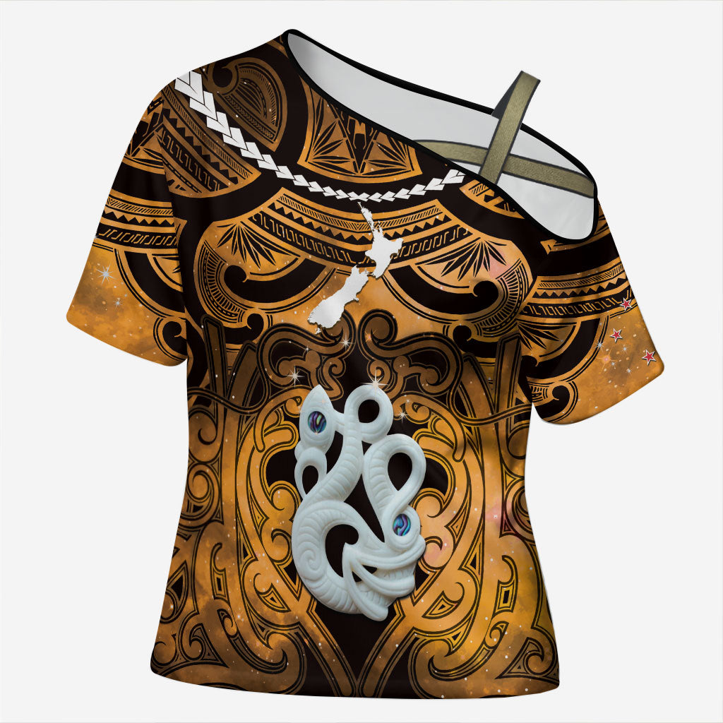 Personalised Maori Matariki Manaia Kowhai Cross Shoulder Shirt Maori Kowhaiwhai Pattern Galaxy LT01 Female Yellow - Polynesian Pride